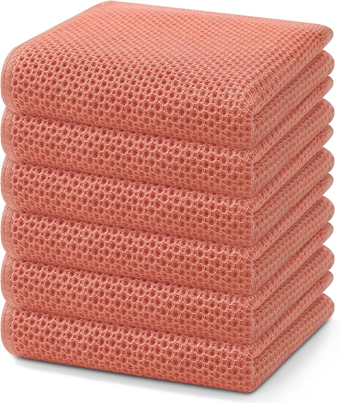 Homaxy 100% Cotton Waffle Weave Kitchen Dish Towels 6-Pack, Coral | 13 x 28 Inches, Ultra Soft Absorbent Dish Towels, Quick Drying Cleaning Towels