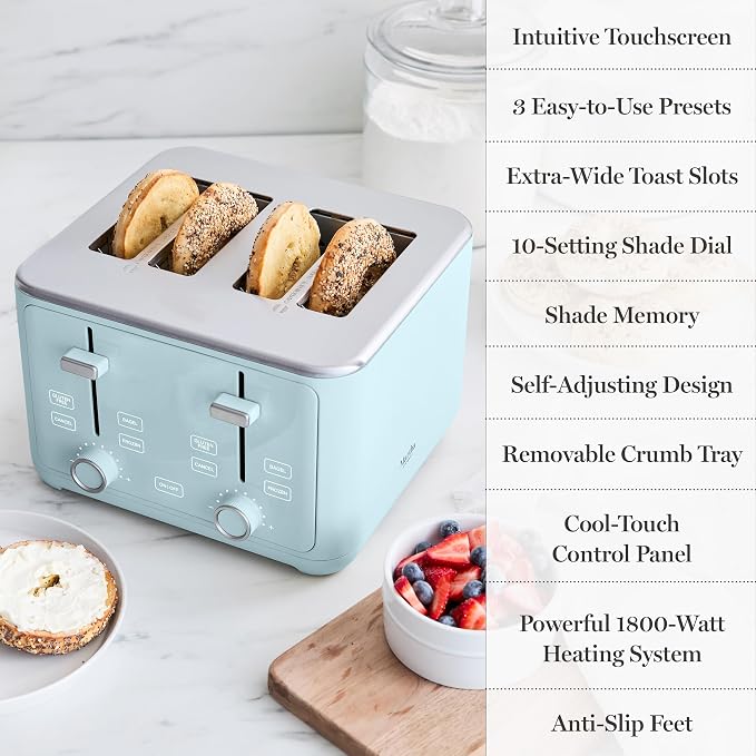 Martha Stewart 4-Slice Toaster, 3 Presets & 10 Shade Settings, Sky Blue | Gluten-Free, Bagels, Extra-Wide Self Centering Slots, Waffles & Artisan Bread, Shade Memory, Cord Wrap & Removable Crumb Tray
