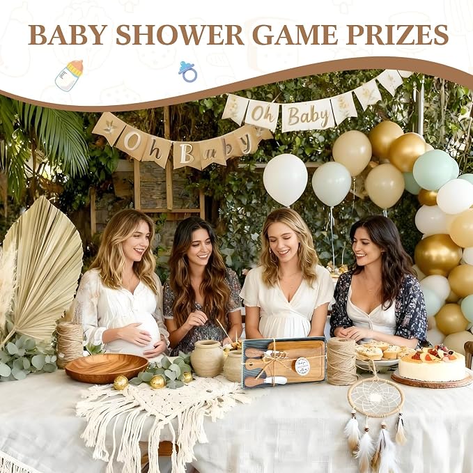 1 Set Bridal Baby Shower Cheese Prizes Wooden Square Board Gift Set Knives Forks Thank You Tags with Box for Guests for Valentines Bridal Baby Shower Housewarming (Teak Wood)