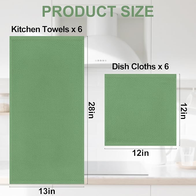 Homaxy 12 Pack 100% Cotton Kitchen Towels and Dishcloths Set, Grass Green | 12 x 12 Inches and 13 x 28 Inches Kitchen Towels Set, Ultra Soft Absorbent Dish Cloths for Washing Dishes