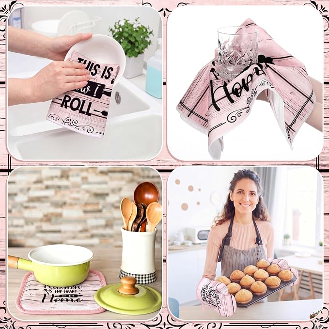 Fourluoo 10 Pcs Pink Kitchen Decor Set Pink Woodgrain Dish Towels Kitchen Rugs Oven Mitts and Pot Holders Farmhouse Decor for Cooking Baking Grilling Women Mom Gift