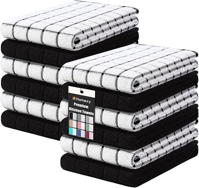 Homaxy Large Premium Cotton Kitchen Towels 16"x 28", 12 Pack, Black | Natural Ring Spun 390 GSM Dish Towels, Super Absorbent Terry Kitchen Hand Towels, Soft Tea Towels with Hanging Loop