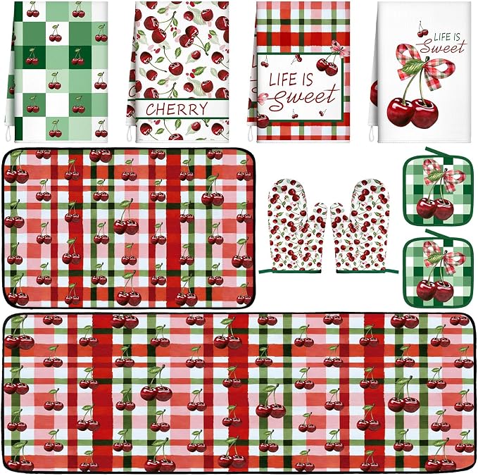 Fourluoo 10 Pcs Cherry Kitchen Decor and Accessories Set Cherry Kitchen Towels and Rugs Pot Holders Oven Mitts Set for Cooking Baking Mom Housewarming Gifts
