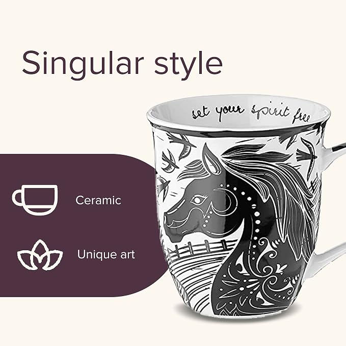 Karma Gifts 14 oz Black and White Boho Mug Horse - Cute Coffee and Tea Mug - Ceramic Coffee Mugs for Women and Men