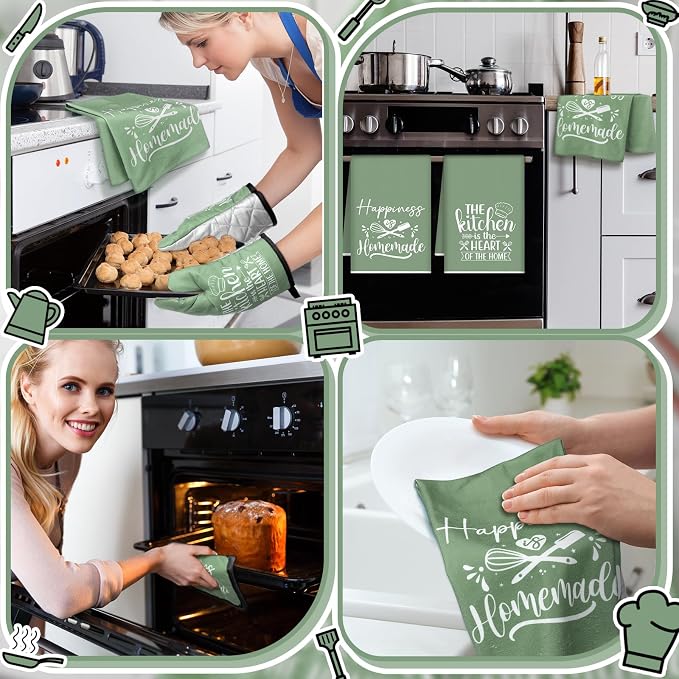 Sratte 6 Pcs Kitchen Decor Accessories Set, Kitchen, Sage Green | Farmhouse Kitchen Towels Pot Holders Oven Mitts Set 2 Dish Towels 2 Potholders 2 Cooking Mittens for Baking Cooking Supply