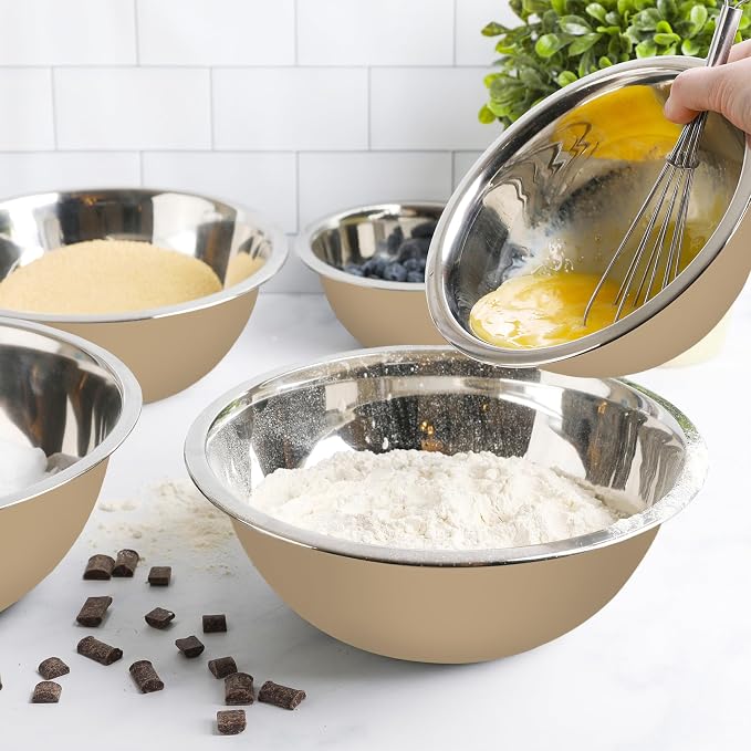 WHYSKO Stainless Steel Mixing Bowls Set, 5-Piece Meal Prep & Food Storage | .75, 1.5, 3, 4 & 5 Quart Metal Mixing Bowls Set for Prep, Serving, Baking & Food Storage, Ecofriendly, Dishwasher Safe, Khaki