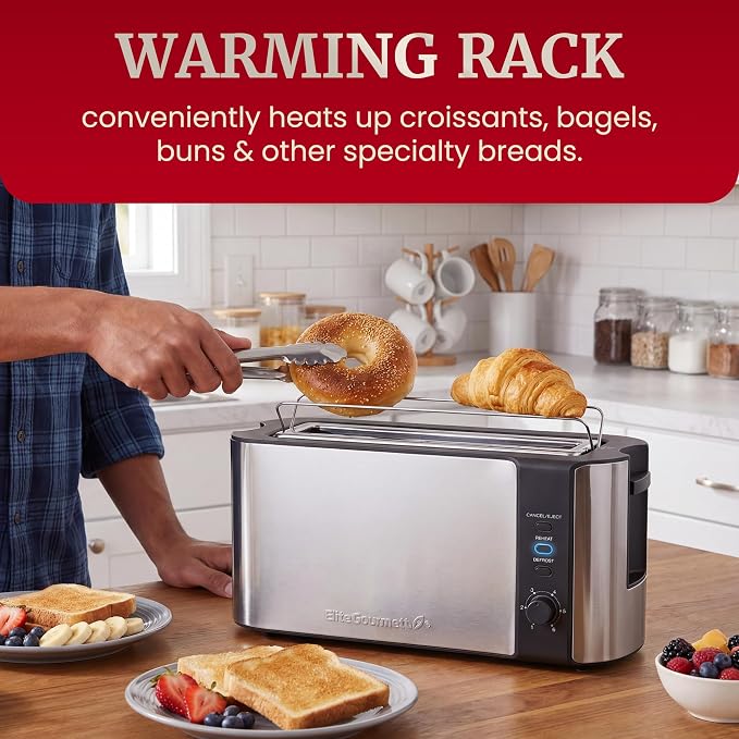 Elite Gourmet ECT3200 2-Slice Slim Toaster, Stainless Steel & Black | 1 Long Slot, 6 Toast Settings, Reheat, Defrost & Cancel, Built-In Warming Rack, Extra-Wide Slots Fit Bagels & Waffles