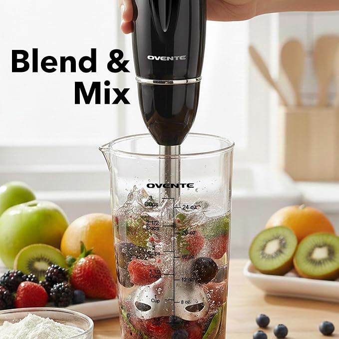 OVENTE Electric Hand Blender Set with 2 Mixing Speeds, 300W Black HS565B | Corded Immersion Handheld Stick Mixer with Stainless Steel Blades, Egg Whisk, Beaker & BPA-Free Food Chopper