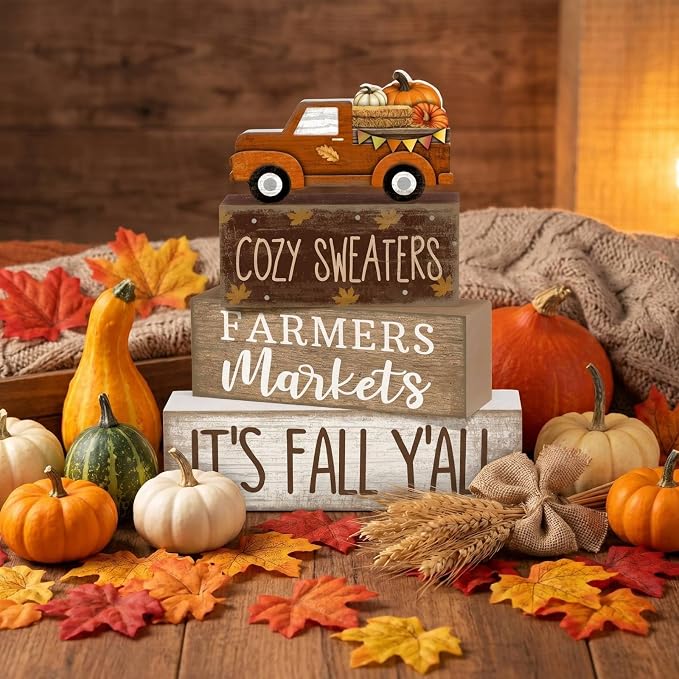 Lineshading 4 Pcs Fall Wooden Block Table Decor Stacked Signs Truck Topper | Rustic Farmhouse Tiered Tray Decoration, Sayings Cozy Sweaters Farmers Markets Its Fall Yall, Autumn Tabletop Centerpiece