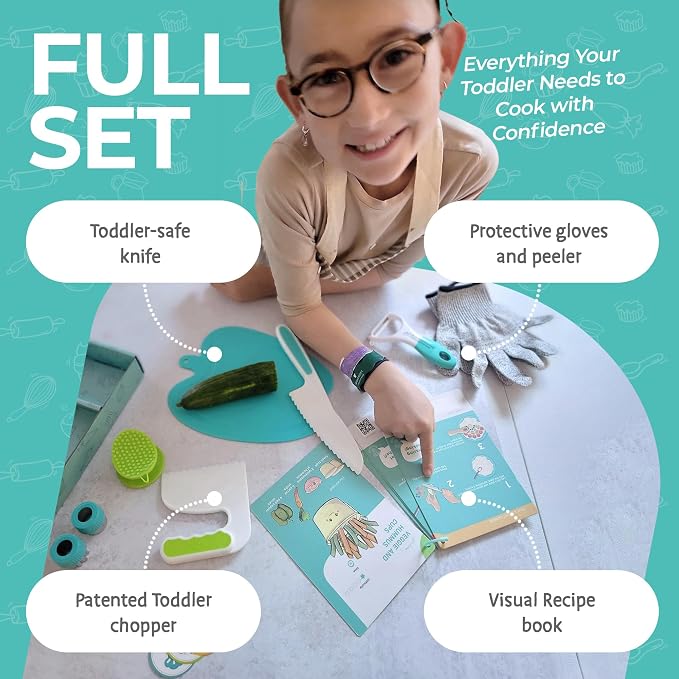 Toddler First Knife and Cutting Board | Safe Skills | Ages 3-8 | Montessori Toddler Cutting Set | Chopper Safety Gloves Peeler | Visual Recipe Book Step by Step Photos | First Chef Gift