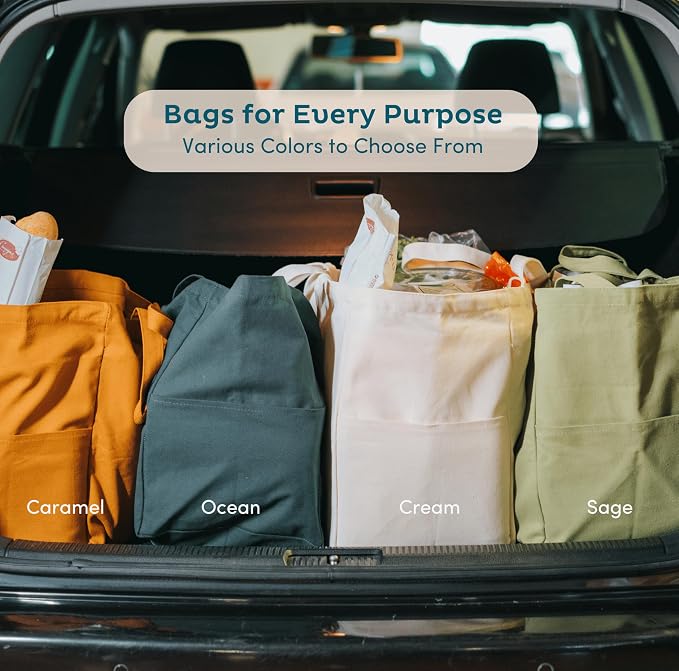Nook Theory 3-Pack Reusable Grocery Bags - Heavy Duty, Large 12 Oz Cotton Canvas Reusable Shopping Bags With Pockets, 100% Cotton Cloth Grocery Totes, Foldable Multi Compartment (Army Green)