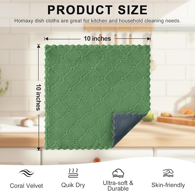 Homaxy 12 Pack Super Soft Dish Cloths, 10" x 10", Dark Grey & Grass Green | Coral Velvet, Nonstick Oil Fast Drying Microfiber Cleaning Cloth, No Lint Household Dishcloths