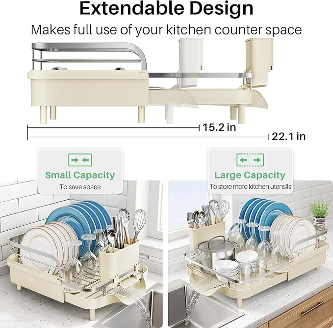 SNTD Expandable Dish Drying Rack for Kitchen Counter, 15.2-22.1 in, Beige | Rust-Resistant Stainless Steel, Protective Side Rails, Self-Draining Drainboard, Removable Utensil Holder