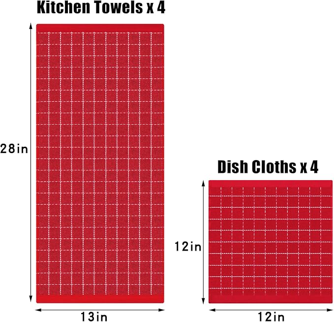 Homaxy Kitchen Towels and Dishcloths Set, Set of 8, Red | Bulk Cotton Terry Kitchen Towels, Checkered Designed, Soft and Super Absorbent Dish Towels, 12 x 12 and 13 x 28 Inches