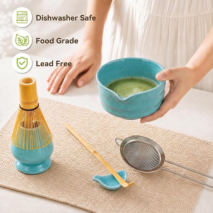 Matcha Whisk Set with Serene Blue Ceramic Bowl - All-in-One Matcha Starter Kit, Bamboo Whisk (Chasen), Whisk Holder, Matcha Powder Sifter, Scoop, Japanese Tea Ceremony Tools