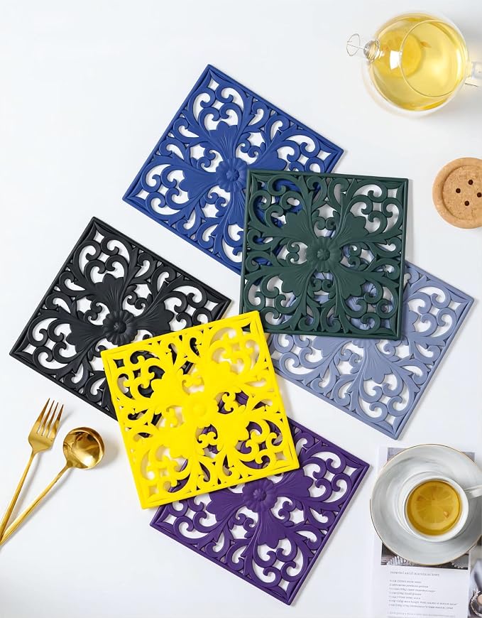 Silicone Trivets for Hot Pots and Pans, Square Non Slip Mats for Table, Multi-Use Carved Hot Pads, Flexible Modern Pad Heat Resistant Big Teapot Coaster Set of 3 Purple
