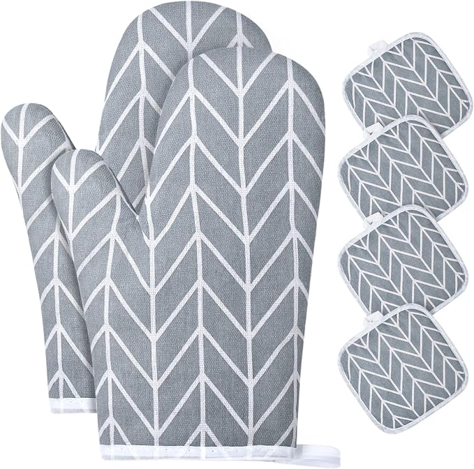 AUAUY Oven Mitts and Pot Holders 6PCS Set, 392°F Heat Resistant BBQ Gloves | Cooking Gloves and Hot Pads Baking Mittens, Top Kitchen Gadgets, Non-Slip Kitchen Mittens for Oven Cooking Baking Grilling