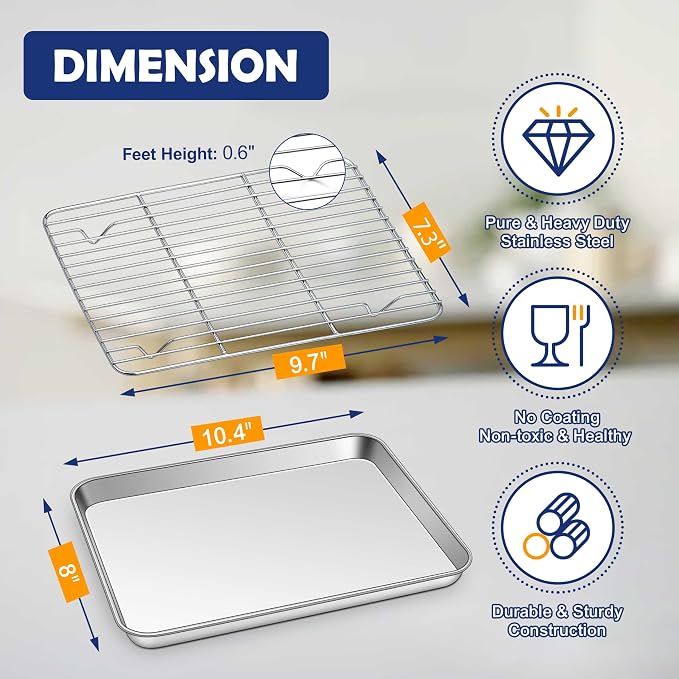 10.4” Baking Sheet Pan with Rack, Joyfair Stainless Steel Toaster Oven Tray | Bakeware Cookie Pan & Cooling Rack for kitchen bake Jelly Roll/Bacon/Meat, Commercial Metal & Rust-free, Dishwasher Safe