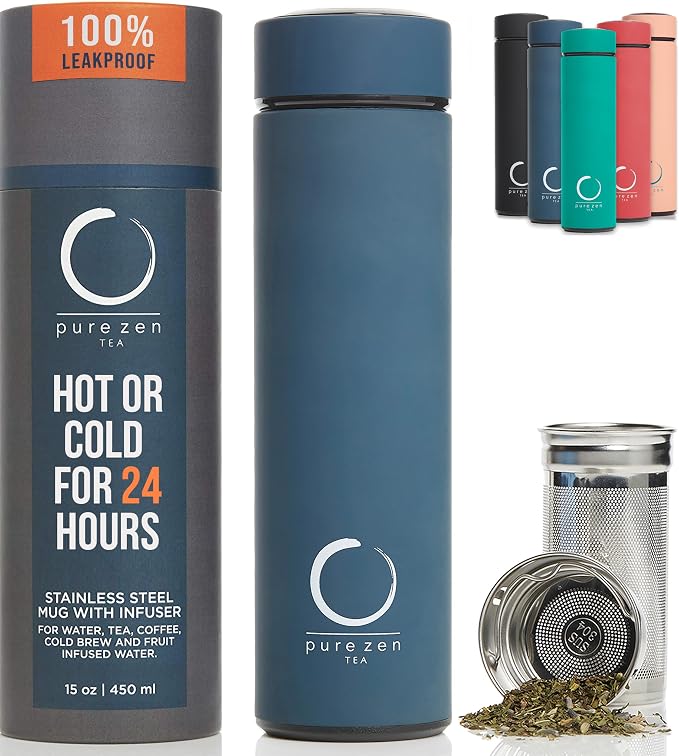 Pure Zen Tea Insulated Tea Infuser Bottle, 15 oz, Tea Thermos with Infuser | Leakproof, Hot and Cold 24 Hrs - for Tea, Coffee and Water, Stainless Steel, Tea Gift Set, Tea Tumbler with Infuser, Blue