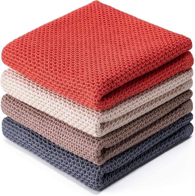 BOOMIBOO 4-Pack Dish Towels,100% Cotton Waffle Weave,13x28 in,Mixed Color | Ultra Soft Absorbent, Quick Drying
