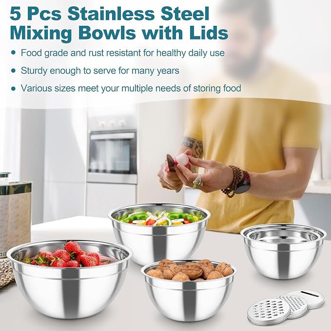 TeamFar Mixing Bowls, Stainless Steel Salad Serving Bowl with Clear Lids | with 3 Graters, For Kitchen Cooking Prepping Storing, Size 4.6/2.6/1.5/1/0.7 QT, Nesting & Airtight, Set of 5 & Blue