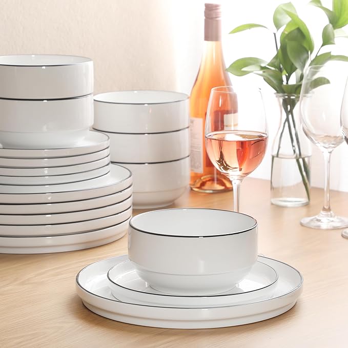 Gibson Home Rothernberg Plates and Bowls 18 Piece Porcelain White Dinnerware Set W/Black Rim | Stackable Dishes | Microwave & Dishwasher Safe