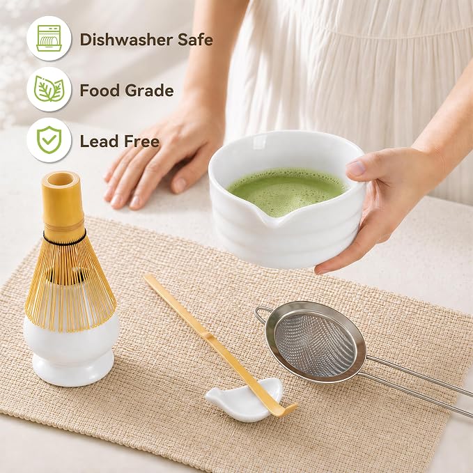 Matcha Whisk Set with Classic White Ceramic Bowl - Complete Matcha Making Kit, Bamboo Whisk (Chasen), Matcha Powder Sifter, Scoop, Whisk Holder, Japanese Tea Ceremony Tools