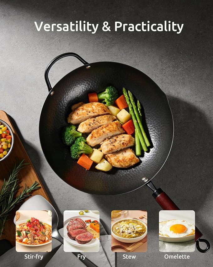 FGJ Wok Pan, Carbon Steel Wok, Woks & Stir-Fry Pans Nonstick, 13 Inch Wok Pan with Wooden Lid, Pre-Seasoned Carbon Steel Cookware, 5.8QT Flat Bottom Chinese Wok Pan, Compatible with All Cooktops