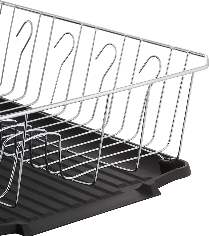 Kitchen Details 3 Piece Dish Rack | Drying Rack, Cutlery Basket & Drainboard Tray | Countertop | Self Draining | Open Wire Design | Chrome | Black