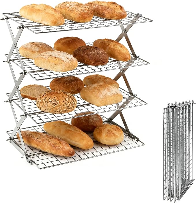 4 Tier Collapsible Cooling Rack Sourdough Cooling Rack 17"x10" | Cooling Racks for Cooking and Baking, Roasting, Grilling, Adjustable 6 Setting Design stackable, Oven & Dishwasher Safe