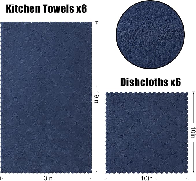 Homaxy Super Soft 12 Pack Kitchen Towels and Dishcloths Set, Navy Blue | Ultra-Absorbent, 10 x 10 and 13 x 19 Inches, Coral Velvet, No Lint, Nonstick Oil, Fast Drying, Microfiber Cleaning Cloth