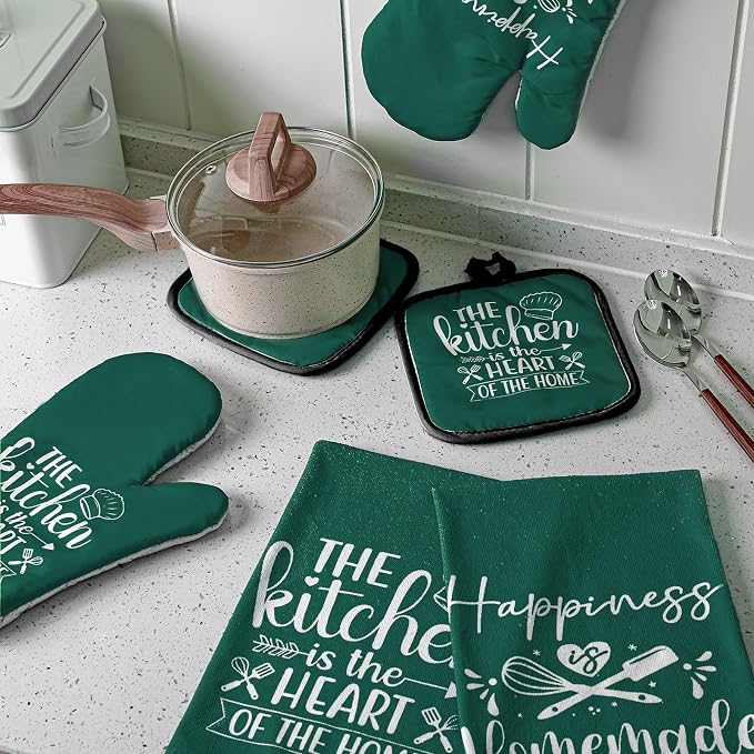Sratte 6 Pcs Kitchen Decor Accessories Set, Kitchen, Dark Green | Farmhouse Kitchen Towels Pot Holders Oven Mitts Set 2 Dish Towels 2 Potholders 2 Cooking Mittens for Baking Cooking Supply
