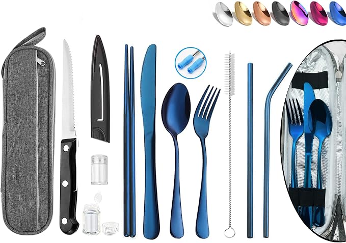 Portable Reusable Travel Utensils Silverware With Case, Camping Cutlery Set, Chopsticks and Straw, Flatware With Case, Stainless Steel Top (Blue)