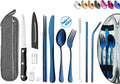 Portable Reusable Travel Utensils Silverware With Case, Camping Cutlery Set, Chopsticks and Straw, Flatware With Case, Stainless Steel Top (Blue)