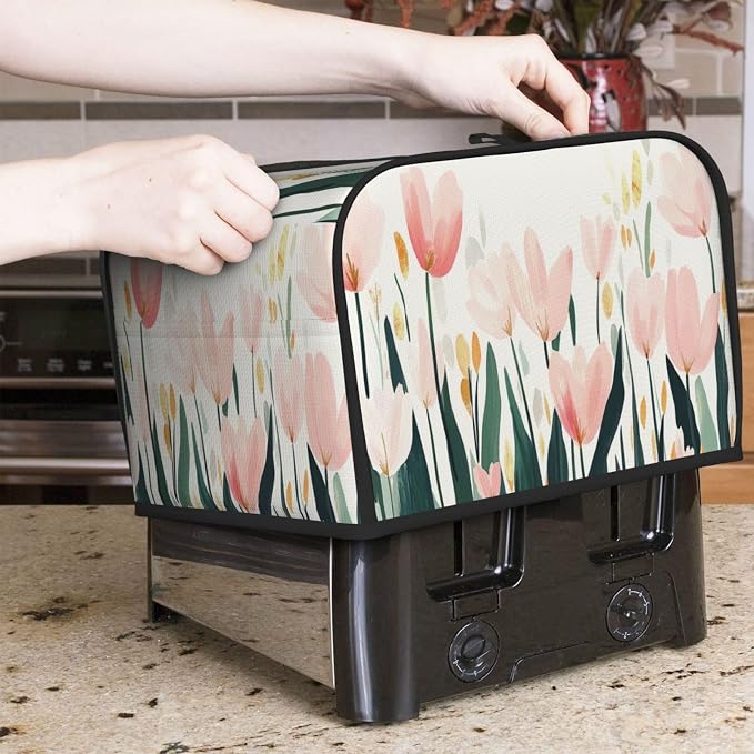4 Slice Toaster Cover Tulip Flower Watercolor Dust Proof Washable Kitchen Appliance Cover with Pocket, Oxford Fabric Countertop Toaster Protector for Standard Toasters Small Appliances