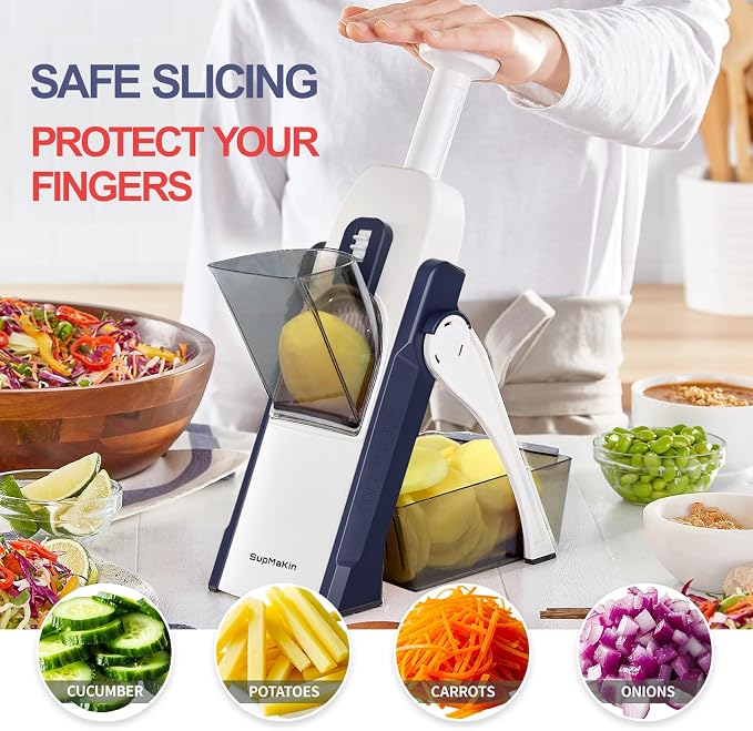 SupMaKin Safe Mandoline Slicer for Kitchen,Adjustable Potato Slicer 1-8 mm | 4 Modes Slice, Strips,Julienne Dicer,Vegetables Slicer Fry Food Cutter,Stainless Steel Blades, Foldable Dishwasher Safe,Gifts
