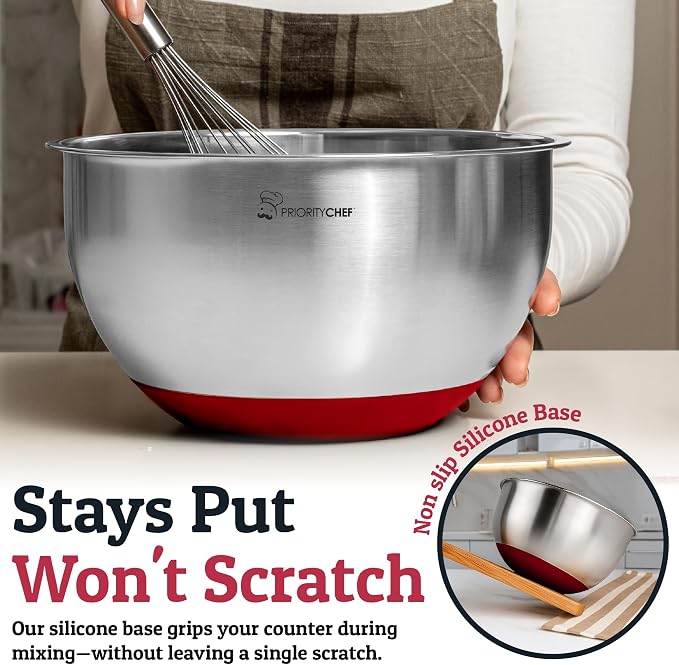 Stainless Steel Mixing Bowls with Lids Set, Metal Nesting Bowls with Airtight Lids, Graters, Non-Slip Base & Measurement Marks, Includes Utensil Set for Prep, Baking & Storage, Red