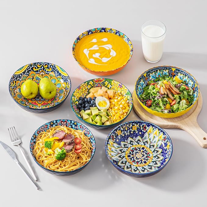 vancasso 32 Oz Pasta Bowls Set of 6, Ceramic Bohemian Soup Salad Bowls | Dishwasher and Microwave Safe Ceramic, Large 11.5 Inch Colorful Glazed Finish, Versatile Serving Bowls for Cereal and Dining