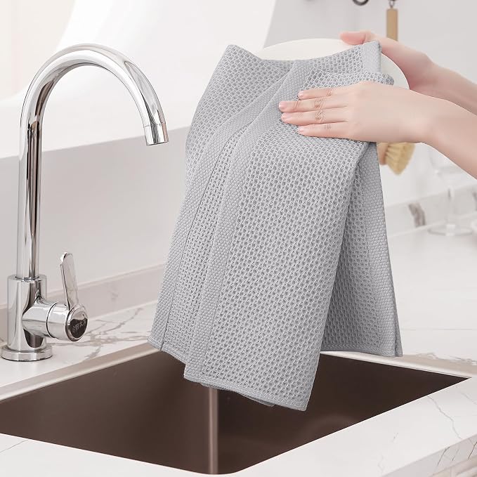 Homaxy 100% Cotton Oversized Waffle Weave Kitchen Towels 4-Pack, Light Gray | 20 x 28 Inches, Ultra Soft Absorbent Dish Towels, Quick Drying Large Cleaning Towels
