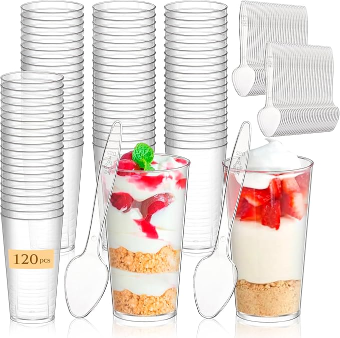 mwellewm 240 Pcs Dessert Cups with Spoons 120 Pcs 3 OZ Mini Clear Plastic Dessert Parfait Cup 120 Pcs Spoons for Party Small Round Serving Wine Shot Disposable Fruit Ice Cream Mousse Appetizer Bowl