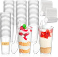mwellewm 240 Pcs Dessert Cups with Spoons 120 Pcs 3 OZ Mini Clear Plastic Dessert Parfait Cup 120 Pcs Spoons for Party Small Round Serving Wine Shot Disposable Fruit Ice Cream Mousse Appetizer Bowl