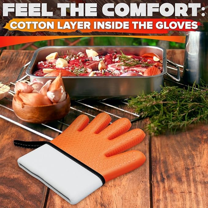 Silicone Grill Gloves for Cooking, Non-Slip and Heat Resistant Material | 11x5.3" Silicone BBQ Gloves with Cotton Lining; Waterproof; Suitable for Grilling, BBQ, Smoker, Handling Hot Pots and Pans