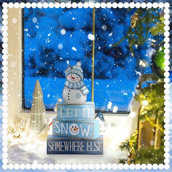 Lineshading 4 Pcs Wooden Snowman Tiered Tray Decor Block Signs Winter | Farmhouse Stacked Blocks, Let It Snow Somewhere Else Quote, Rustic Winter Seasonal Display for Shelves Mantels Tabletops