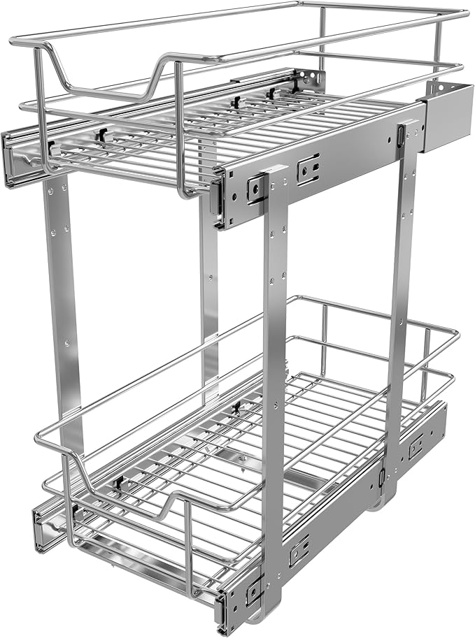 2 Tier Pull Out Cabinet Organizer 9" W X 17" D, Chromed, Full Slide Out | For Kitchen Organizers and Storage, Pull Out Drawers For Cabinets Capacity Heavy Duty Caddy, Cabinet Shelves, Bathroom Pantry