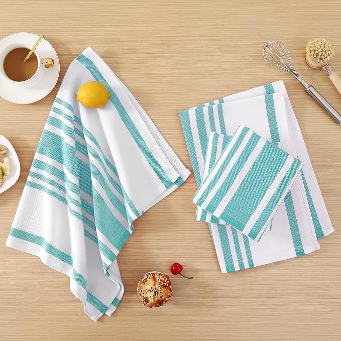 Homaxy Premium Cotton Stripe Kitchen Towels 8 Pack, 18"x 28", Teal | Large 380 GSM Kitchen Hand Towels, Soft Terry Dish Towels, Highly Absorbent Tea Towel Set with Hanging Loop