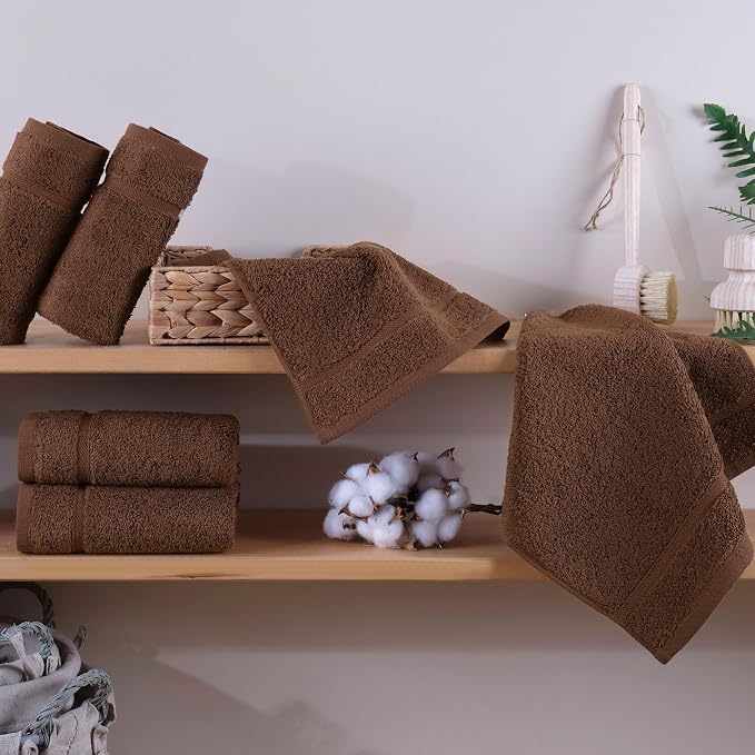 Hawmam Linen Luxury Cotton Washcloths 13x13 Inch - Large Hotel Spa Bathroom Face Towel | 12 Pack | Brown