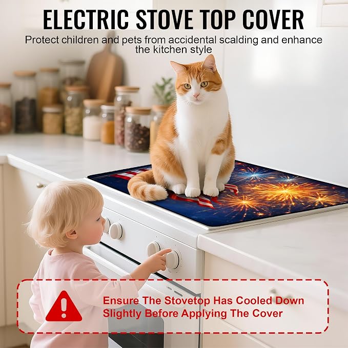 NYZE American Flag Stove Cover 4th of July Stove Top Cover for Electric Stove Fireworks Decorative Flat Top Protector for Kitchen Counter 28x20 Inch