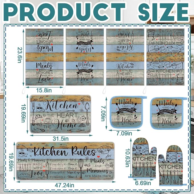 Fourluoo 10 Pcs Farmhouse Kitchen Decor and Accessories Dusty Blue Oven Mitts and Pot Holders Sets Vintage Dish Towels Rustic Kitchen Rugs and Mats for Home Decor Baking Cooking Birthday Summer Gifts