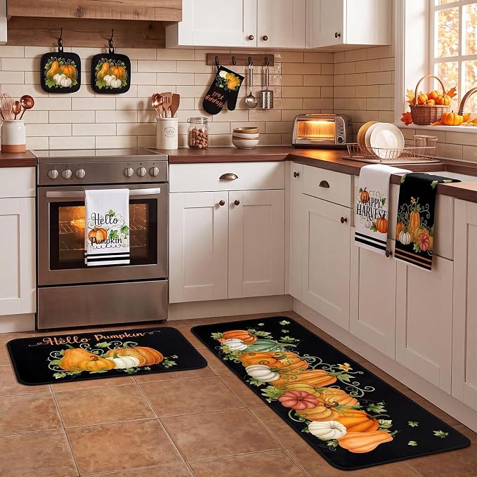 Fanfanwin 10 Pcs Fall Pumpkin Kitchen Decor and Accessories Set Kitchen Towels Pot Holders Oven Mitts and Rugs Sets for Home Autumn Decorations Cooking Baking Housewarming Gifts