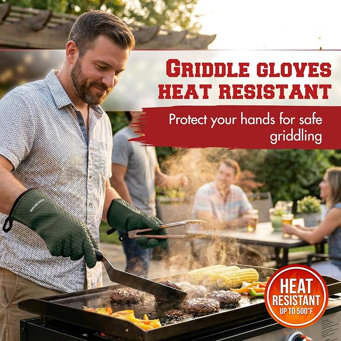 KITCHEN PERFECTION Silicone Griddle Grill Gloves Heat Resistant Oven Mitts | Waterproof, 5-Finger Design For A Better Grip, Best Griddle Grilling Accessories, Compatible with Blackstone, Weber & More